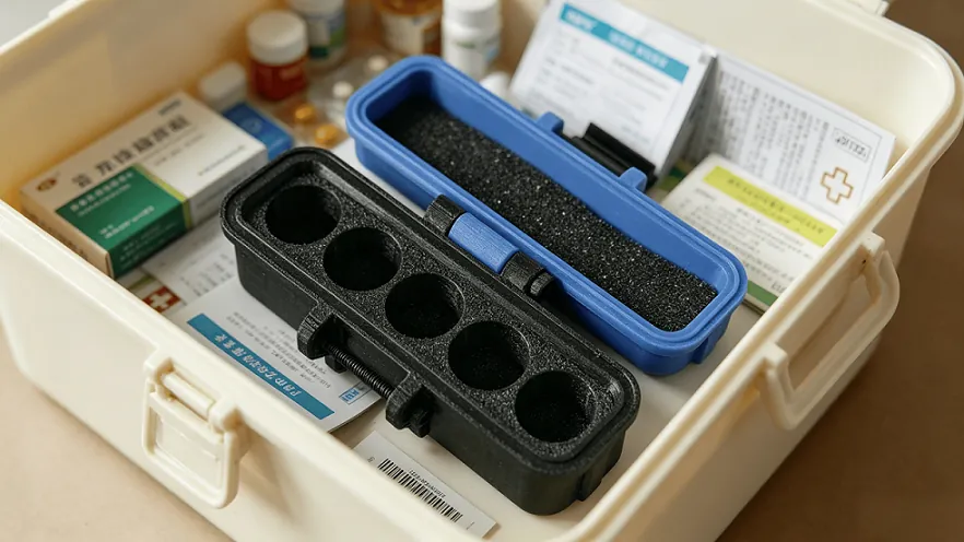 Peptide bottle storage box placed in medical kit with supplies